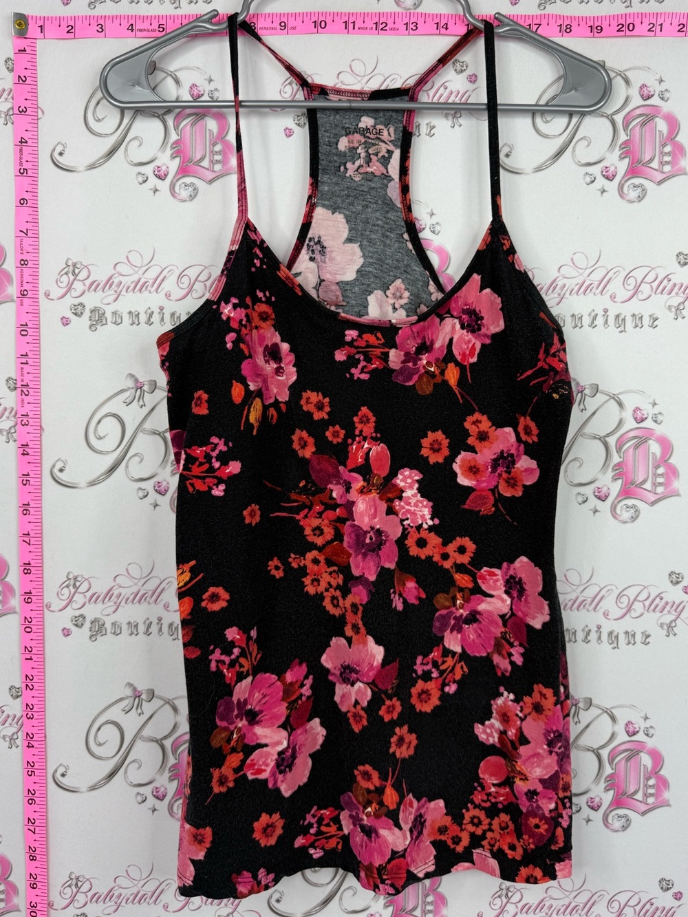 Garage tank top Black Tank Top with Pink Floral Print